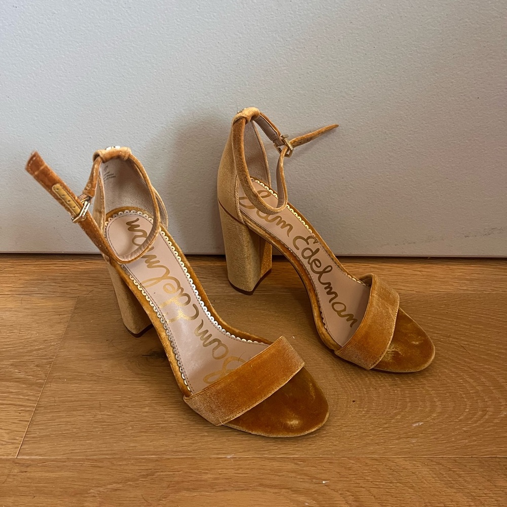 Sam Edelman Gold Velvet Block Heel Sandals